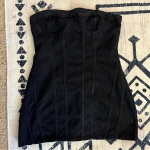 🖤 PrettyLittleThing Black Corset Denim Mini Dress Sz 12 | Strapless Bodycon